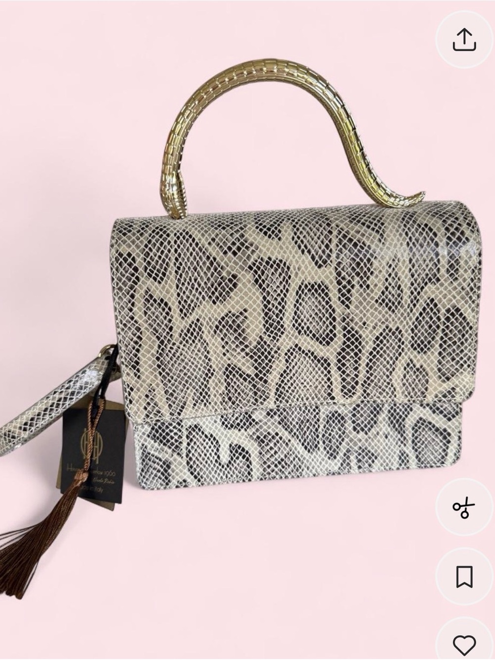 Snake-Print Top Handle Crossbody Bag in Beige